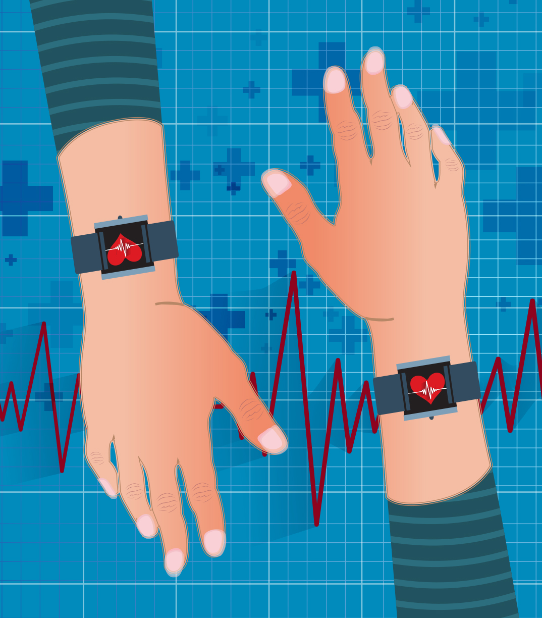 an illustration of two arms with a wearable health tracker on each wrist, and a pulse line in the background.