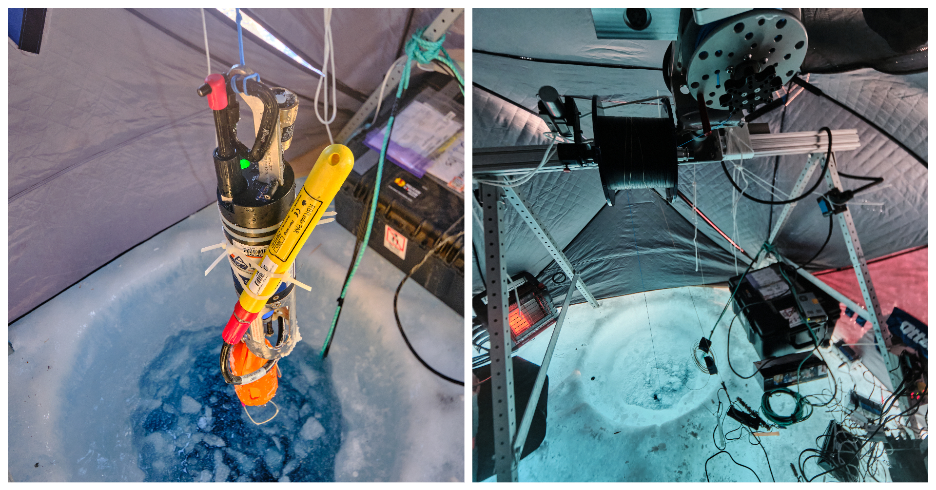 Inside a tent, Evans and Whelihan placed instruments such as profiling sensors (left) into 36-inch holes drilled through the ice. A mounting framework (right) supported the Laboratory-developed fiber platform and a winch moving the profiling sensors. 