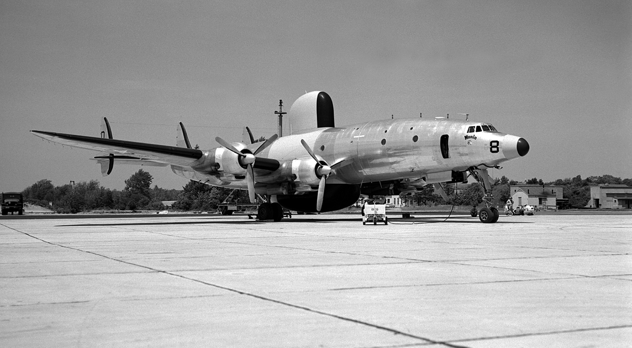 AN/APS-70 AEW radar mounted on a WV-2 aircraft. A 17 × 4-foot antenna is mounted below the aircraft inside the black radome.