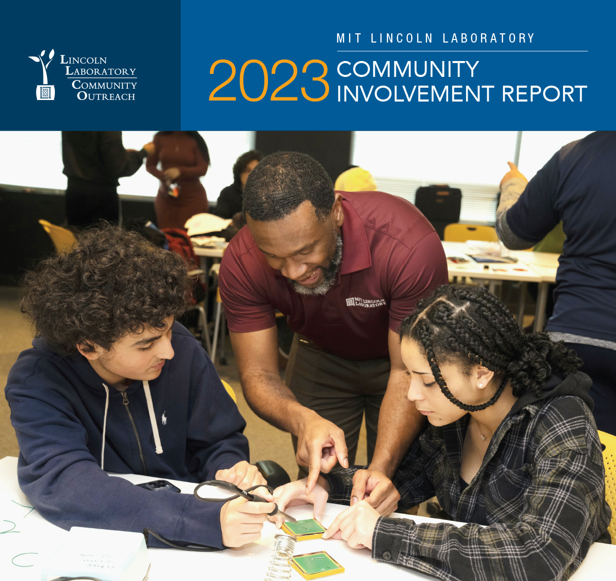 Cover of 2023 Community Involvement Report, showing a mentor helping young students perform an engineering task.