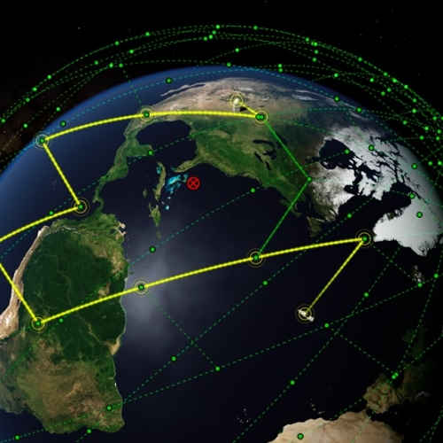 A schematic showing the Earth with many satellite links. 