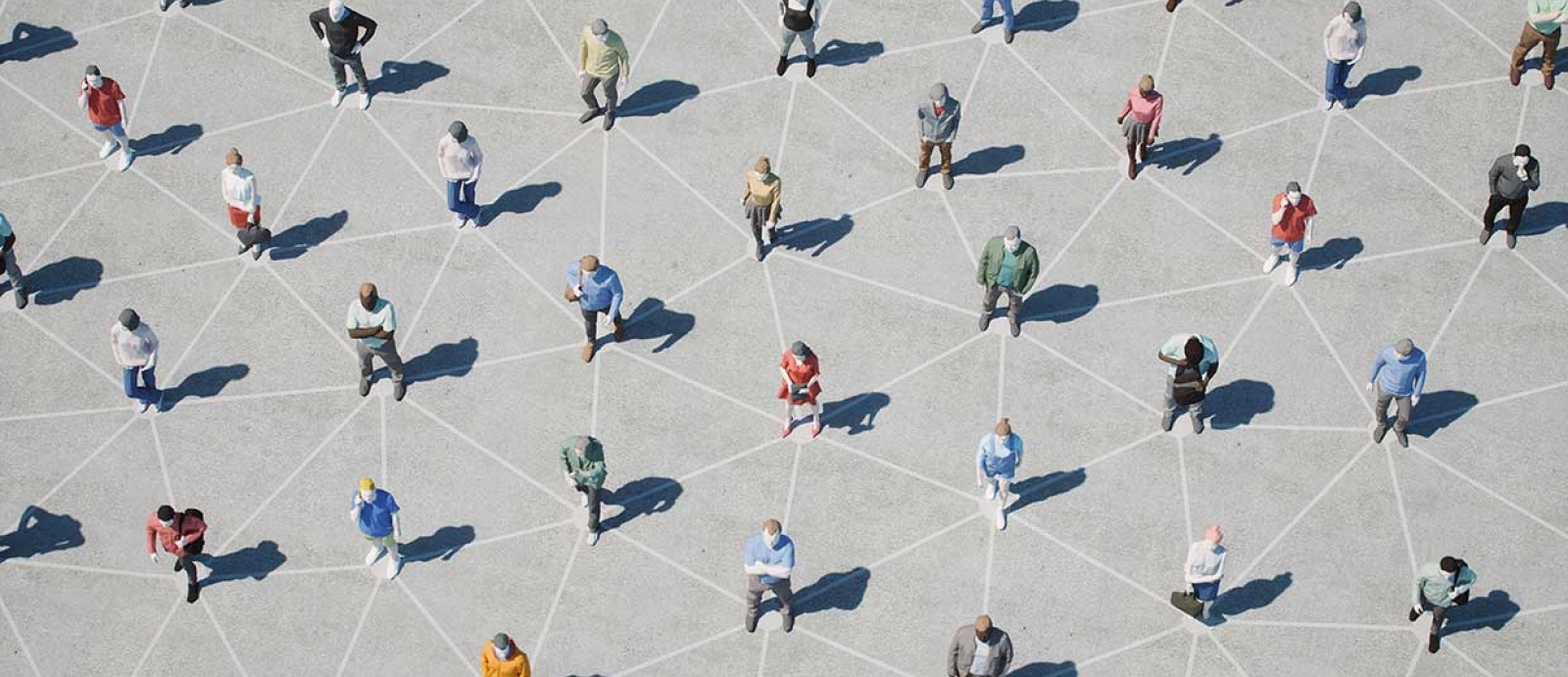 A birds-eye illustration of humans standing in a grid with lines connecting them as if they are "nodes"