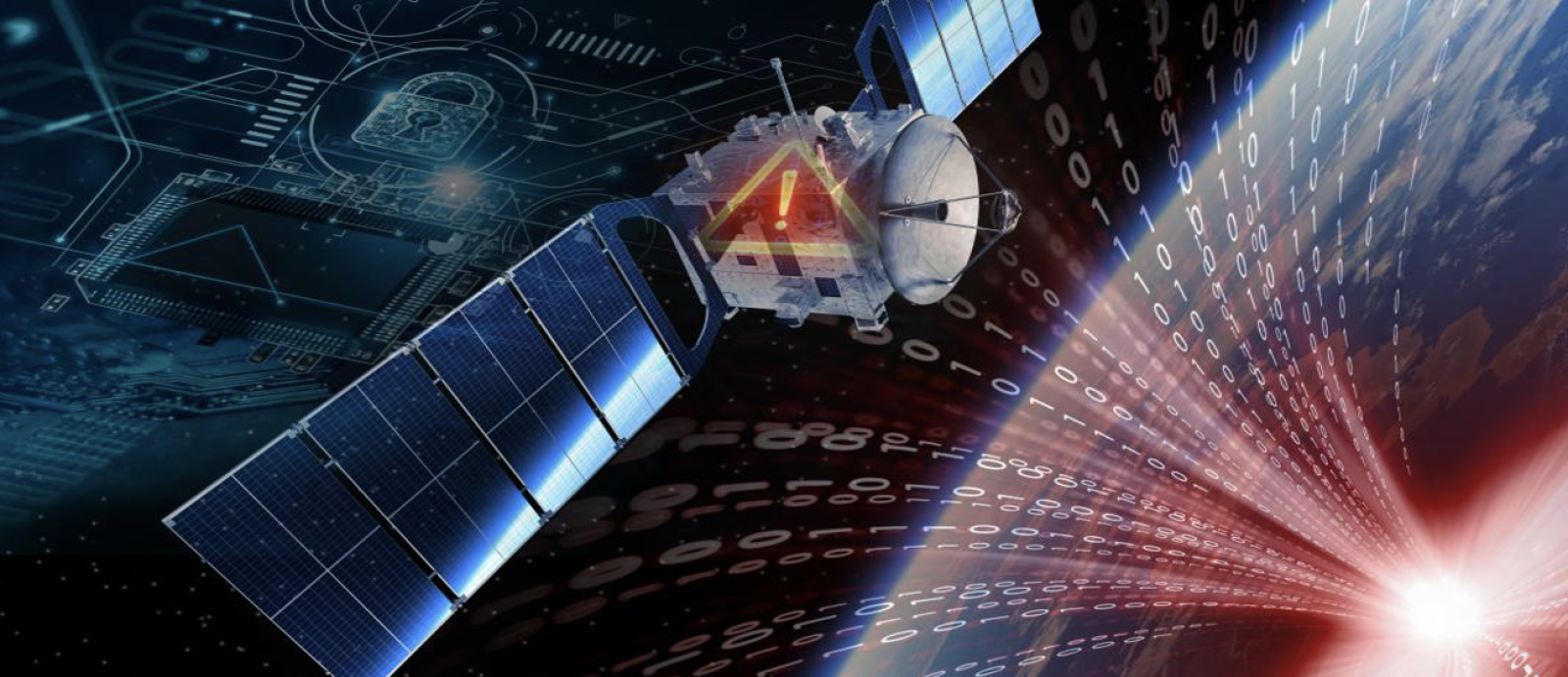 An illustration of satellite in orbit with data streams (shown as 1s & 0s) connecting it to earth.