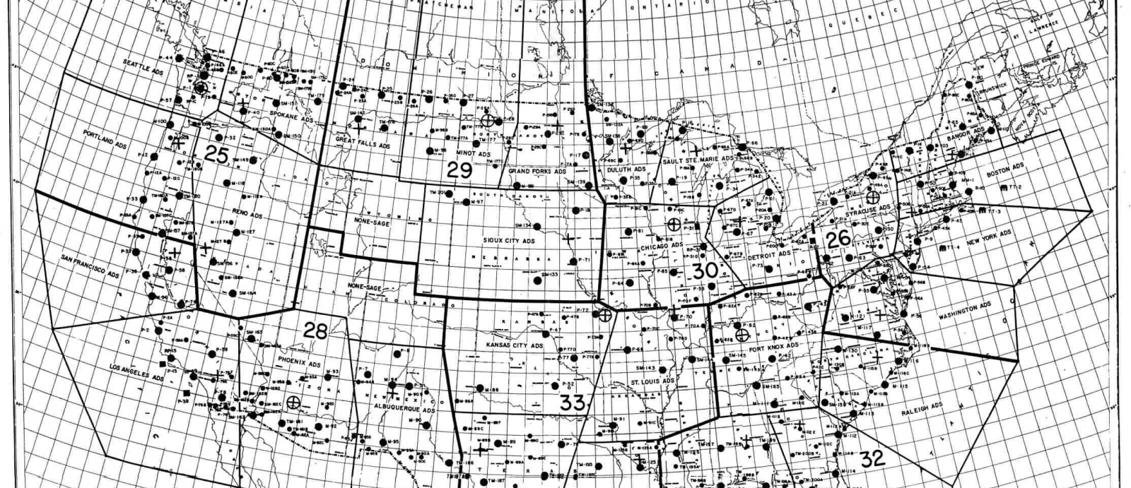 SAGE system sectors, direction centers, and radar sites. Map courtesy of The Online Air Defense Radar Museum.