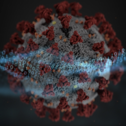 an illustration of a coronavirus with a dna strand made of 0s and 1s across it