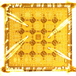 A photo of a superconducting quantum hip with 16 qubits. 