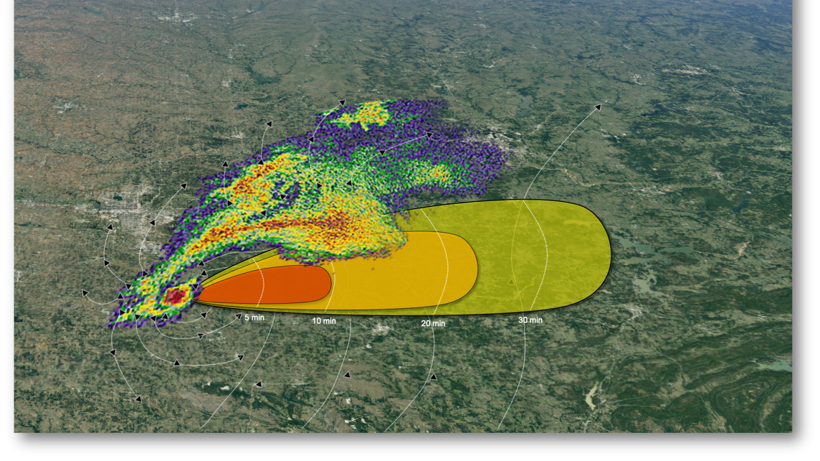 A graphic showing radar-like storm coverage over a Google map image of land, and red/yellow/green zones of predicated tornado path..