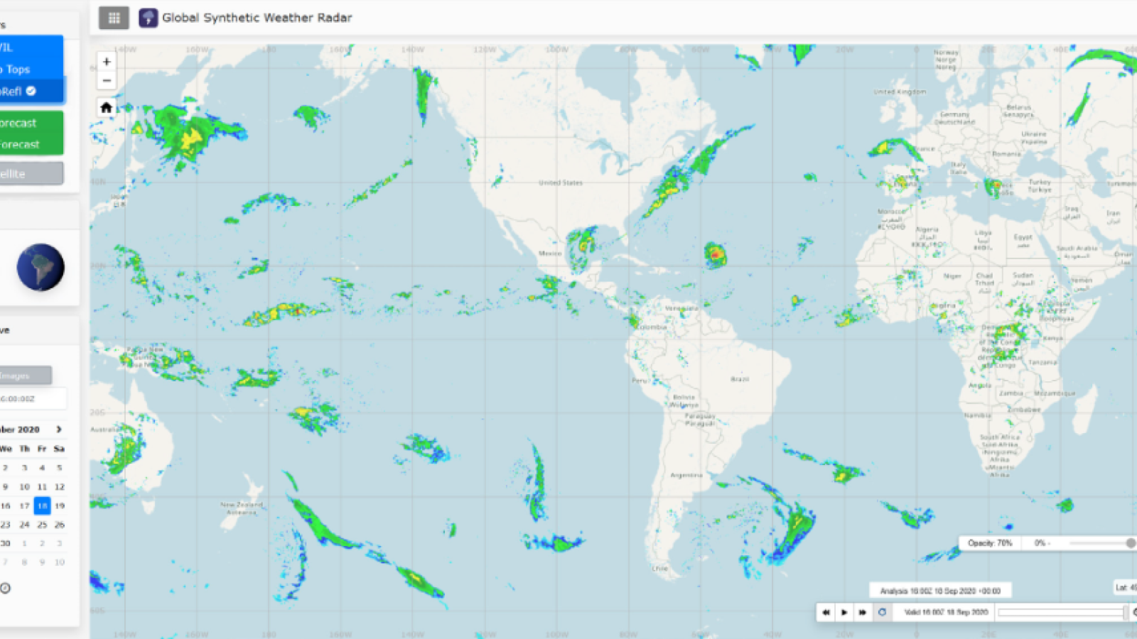 a screenshot of a user interface shows a world map with radar-like depictions of rain bands, colored blue, green, and yellow.