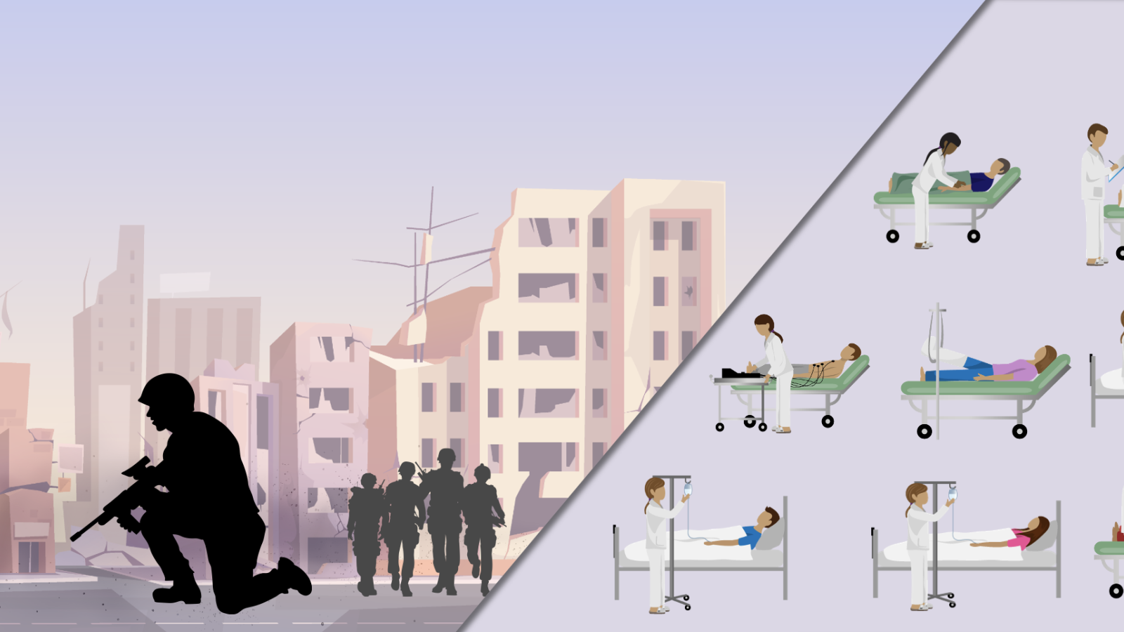 Graphic showing a military servicemember on the left and a full hospital scenario on the right. 