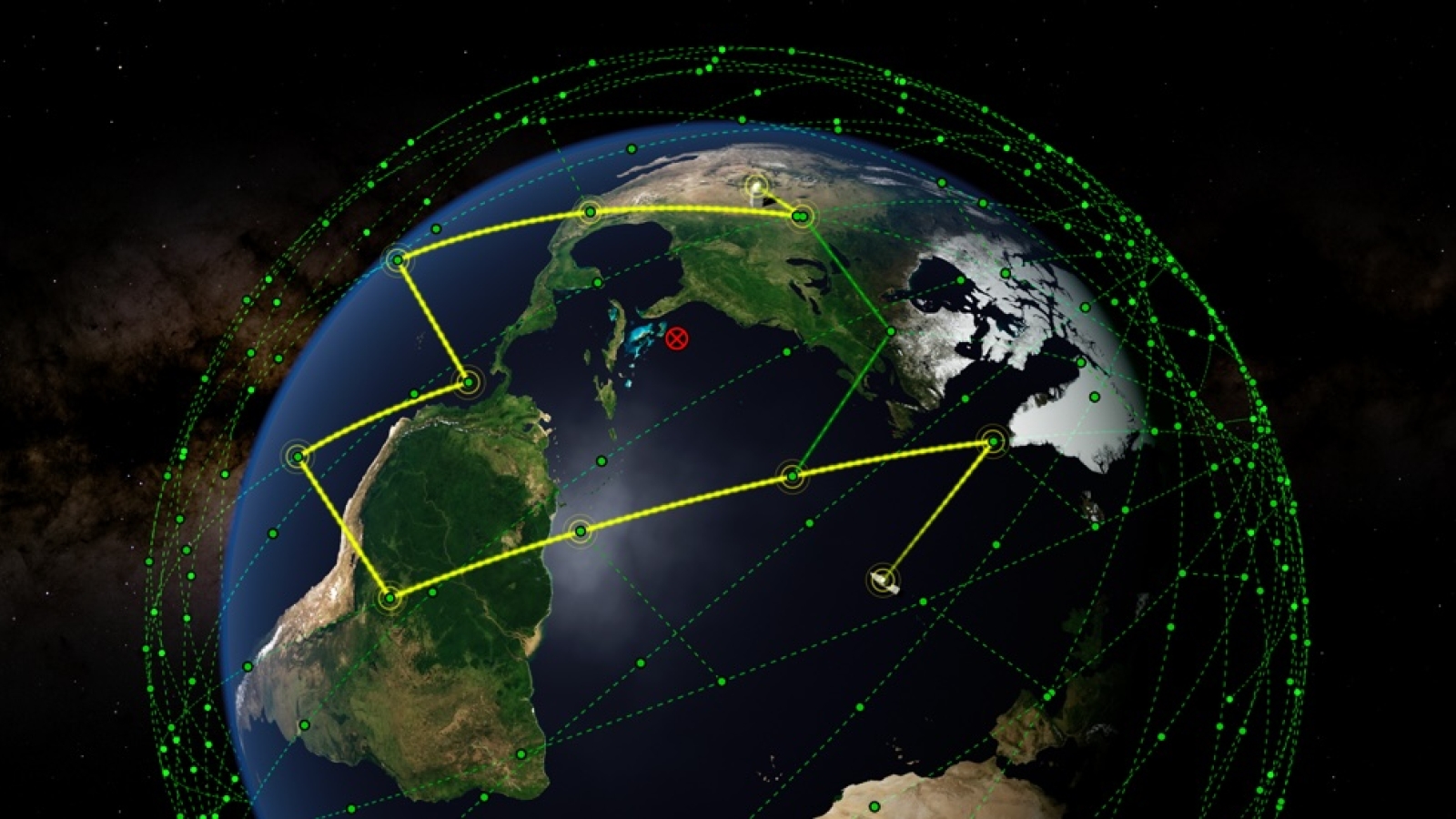 A schematic showing the Earth with many satellite links. 