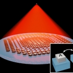 A graphic showing a red light spreading over a blue circular lens with small metal pieces on it.