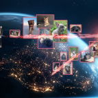 A collage of pet photos — including cats, dogs, birds, and rabbits — overlaid on Earth with laser links between Earth and a communications terminal on the International Space Station. 