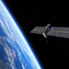 An artist's rendition of a satellite carrying a laser communications payload above the Earth in low Earth orbit.